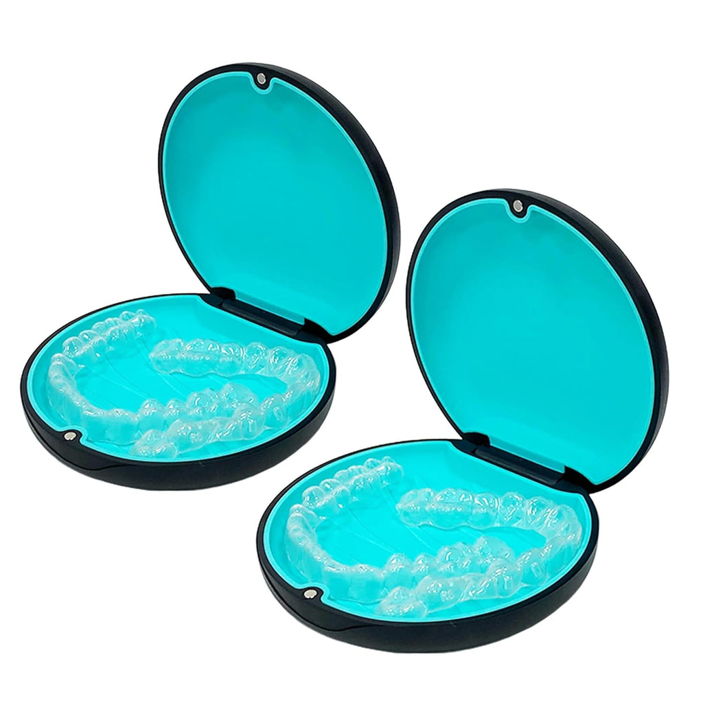 Retainer Case,Cute Slim Aligner Case Compatible with Invisalign,Customized Magnetic Closure Orthodontic Retainer Case (2 Pack Black + Blue Silicone)