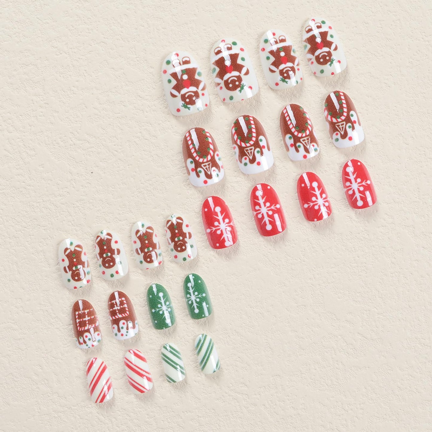 Christmas Cute Nails Press on Nails Short Oval Fake Nails with Designs Snowflake Gingerbread Man Candy Canes House Full Cover Acrylic Almond False Nails Winter Glue on Nails for Women and Girls 24Pcs