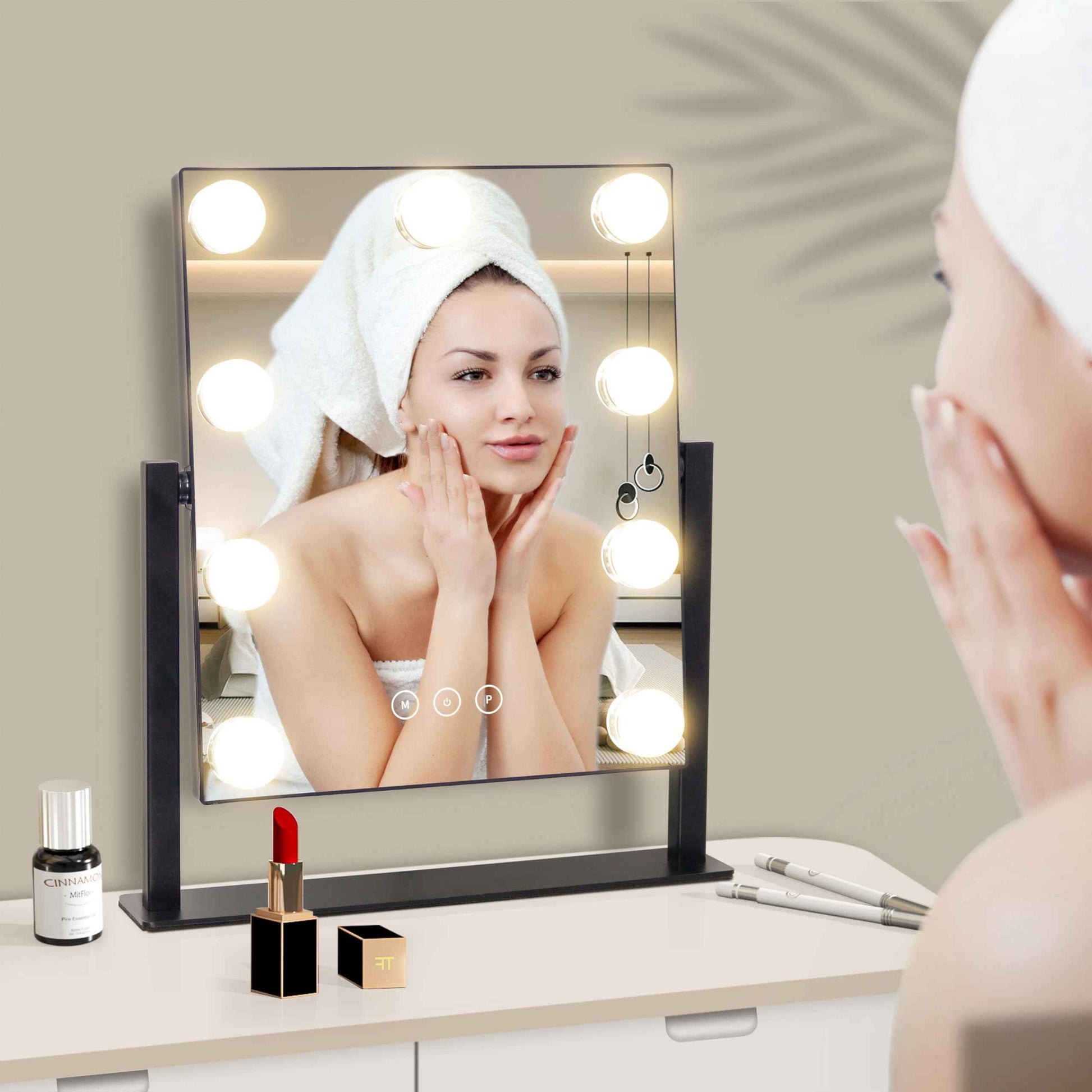 NUSVAN Vanity Mirror with Lights,Makeup Mirror with Lights with 9 Dimmable LED Bulbs, 3 Color Lighting Modes Detachable 10X Magnification Mirror Touch Control,360°Rotation