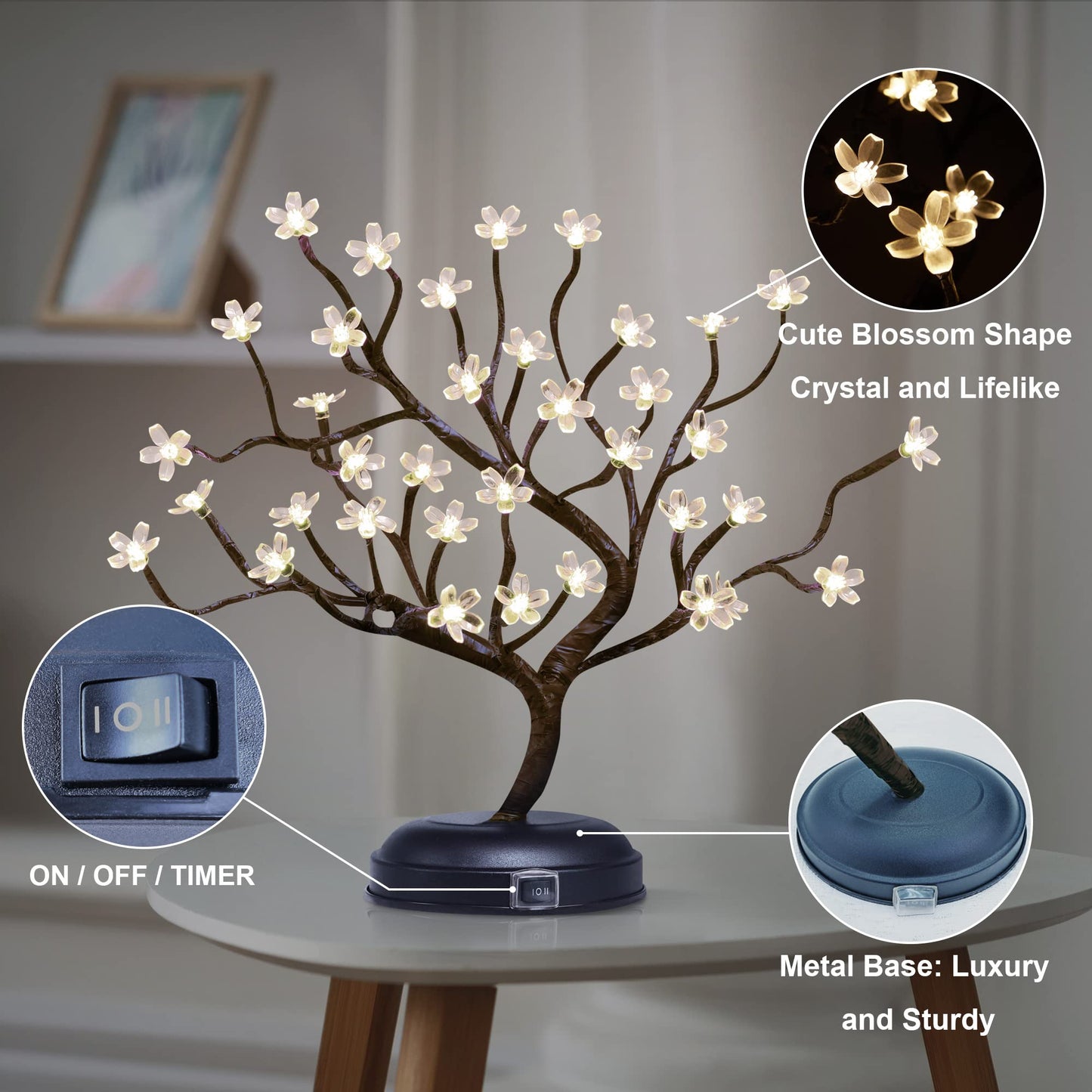 Lightshare 16Inch 36LED Cherry Blossom Bonsai Light, Warm White,Battery Powered and Plug-in DC Adapter (Included),Built-in Timer,Décor for Home,Festival,Party,Christmas,Night Light