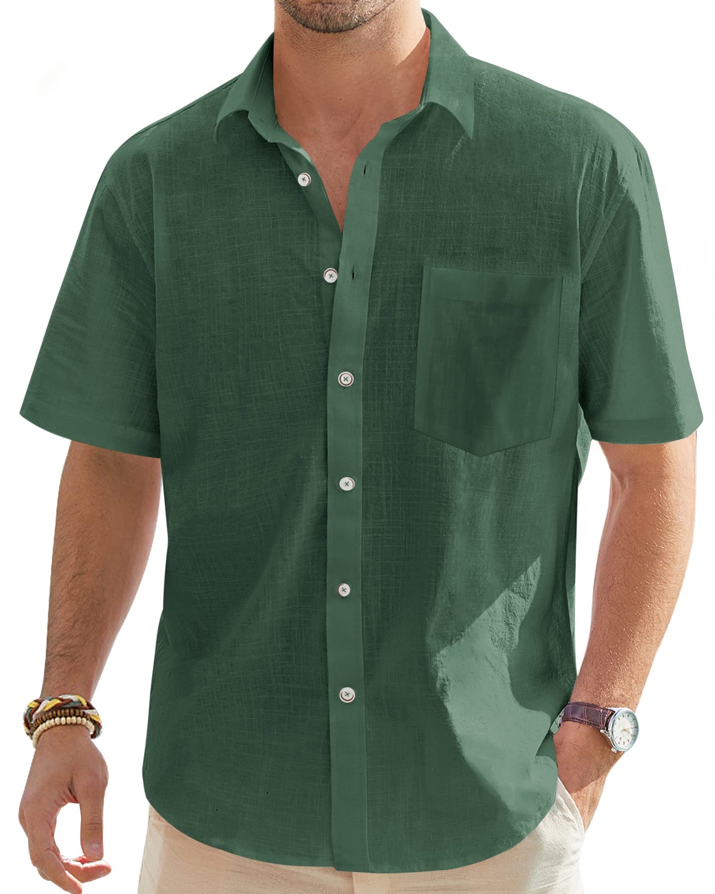 J.VER Men's Short Sleeve Linen Button Down Shirt Casual Beach Wedding Shirt with Pocket Army Green Medium