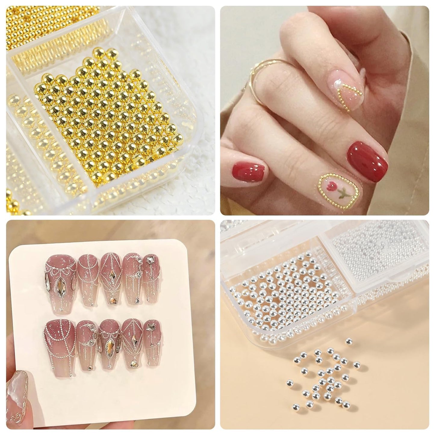 MOLILON 2 Boxes Nail Beads with Nail Magnet Picker Tool, 3D Caviar Beads for Nails Metal Nail Charms Gems Gold and Silver Steel Balls Jewels Nail Studs for Nail Art Decoration