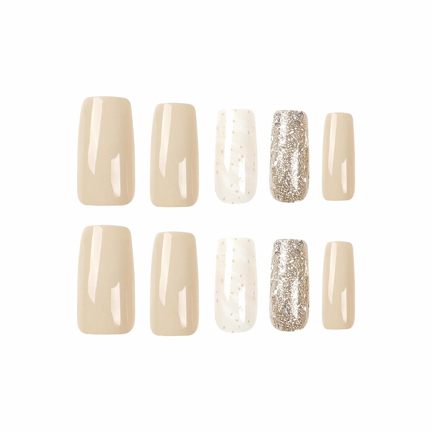 BABALAL Long Square Press on Nails White Nude Fake Nails Golden Glitter Shiny Glue on Nails 24Pcs Cute Design Acrylic Nails Squoval Manicure False Nails for Women and Girls