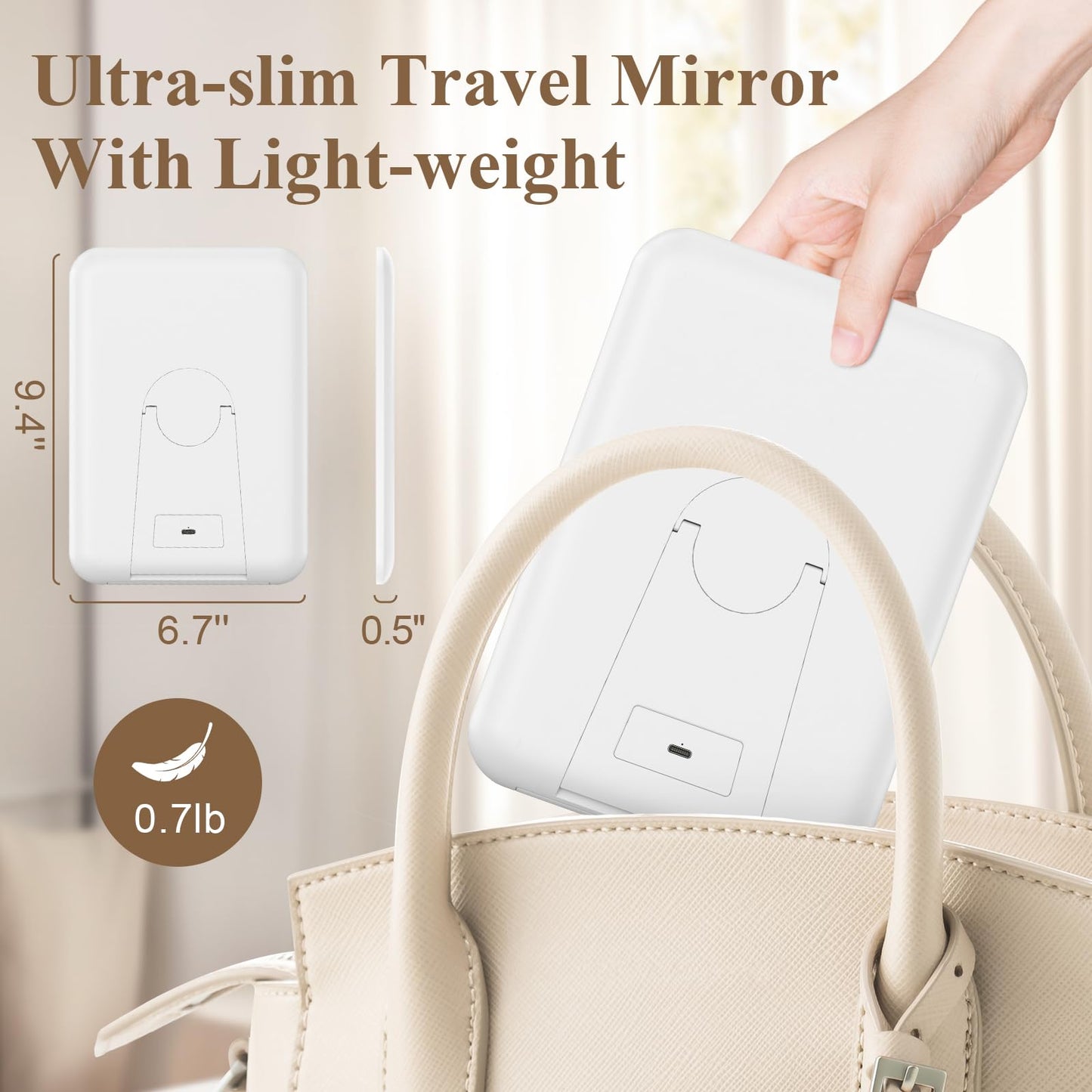 Naseto Travel Makeup Mirror with Lights & 10X Magnetic Magnification, 9.4"x6.7" Dimmable 3 Color LED Lighted Rechargeable Vanity Mirror with 360° Angle, Portable Compact Cosmetic Mirror for Women