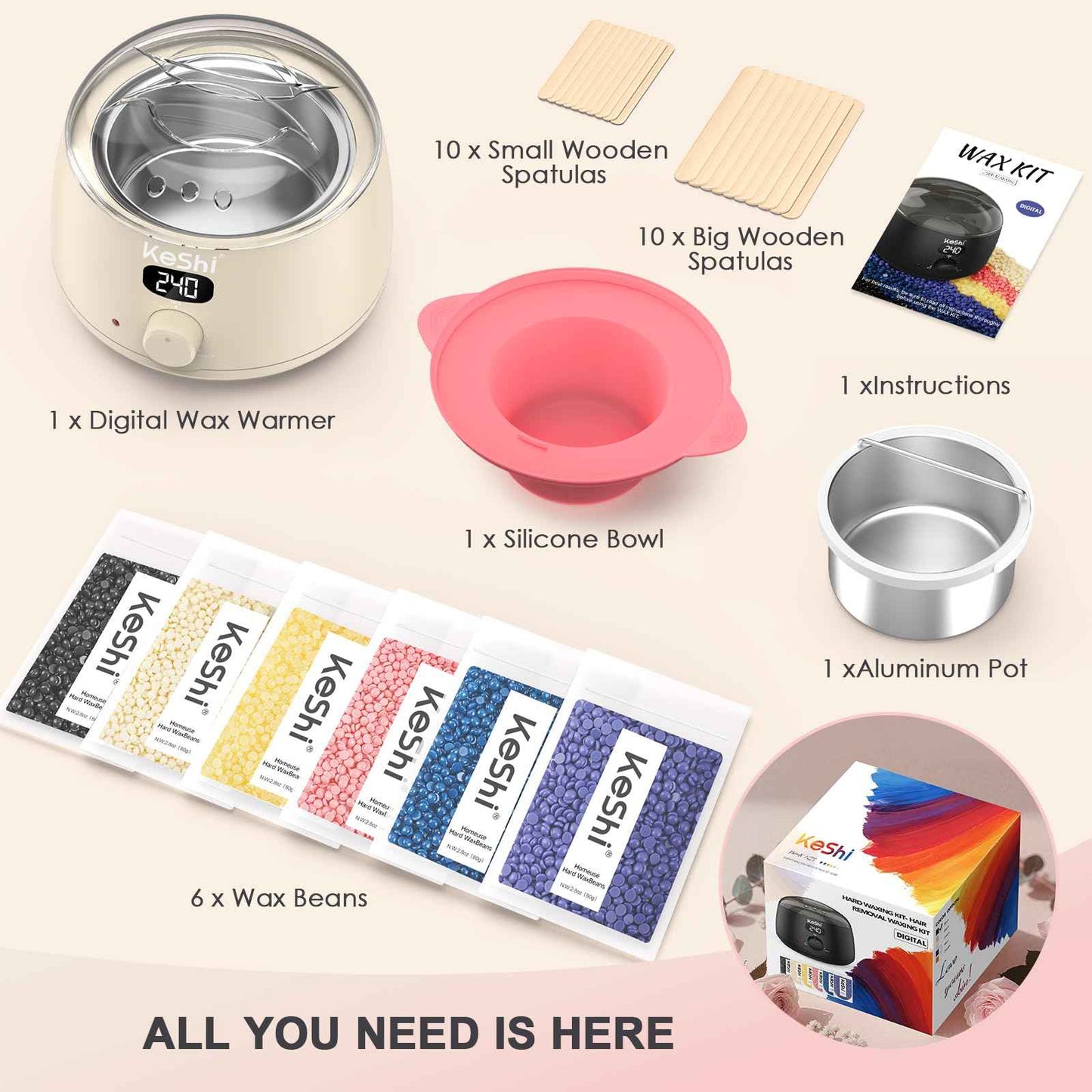 KeShi Waxing Kit for Women and Men, Digital Wax Warmer with 6 Bags Hard Wax Beads, at-Home Hair Removal Wax Kit for Full Body, Face, Eyebrow, Bikini, Legs, Brazilian & Sensitive Skin(Silky Cream)