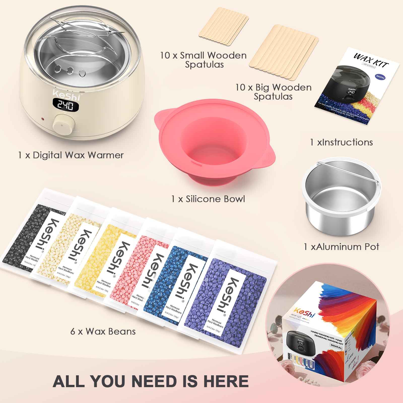 KeShi Waxing Kit for Women and Men, Digital Wax Warmer with 6 Bags Hard Wax Beads, at-Home Hair Removal Wax Kit for Full Body, Face, Eyebrow, Bikini, Legs, Brazilian & Sensitive Skin(Silky Cream)