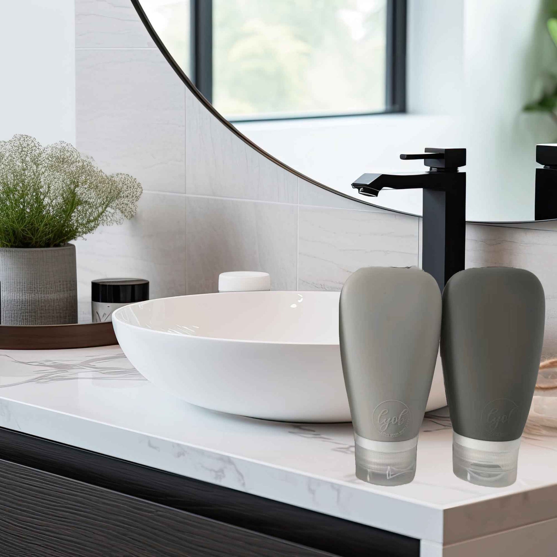 LYOB Travel Bottles for Toiletries - TSA Approved Travel Size Containers 3 oz Leak Proof Refillable tubes for Shampoo & Conditioner, Other liquids (Black & Gray)