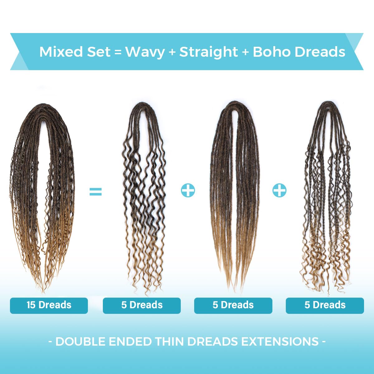 Sangtok Double Ended 3 in 1 Dreadlock Extensions, 24 inch 15pcs Ombre Brown Mixed Dreads Extensions Set DE Dreads with Curly Dreadlocks for White Women