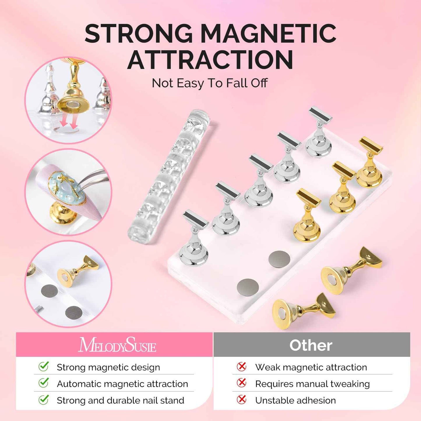 MelodySusie Nail Stand for Press Ons, Big Transparent Acrylic Magnetic Base for Painting Display with Brush Holder and 100 Pcs Reusable Double-Sided Tape for Home DIY Salon Supplies