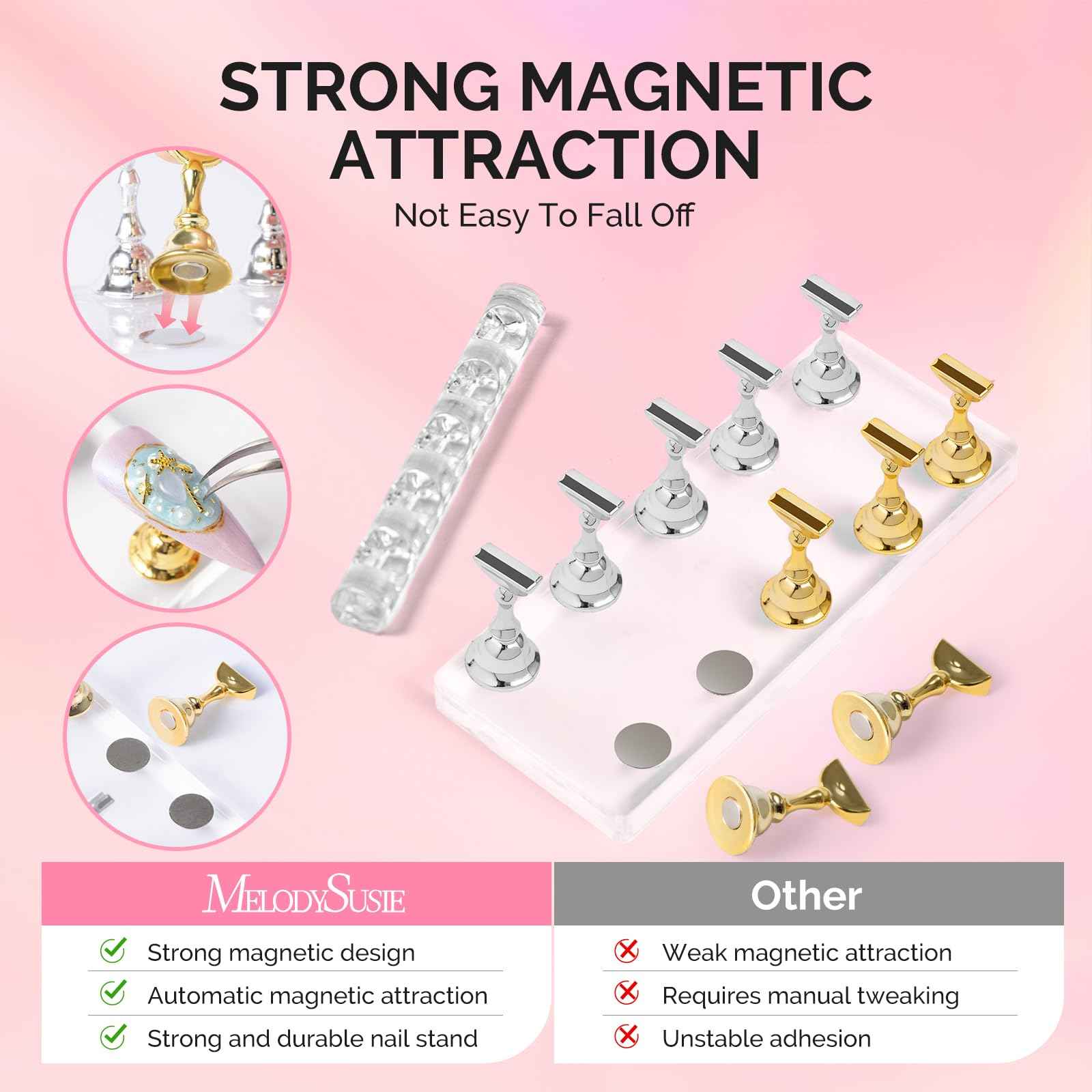 MelodySusie Nail Stand for Press Ons, Big Transparent Acrylic Magnetic Base for Painting Display with Brush Holder and 100 Pcs Reusable Double-Sided Tape for Home DIY Salon Supplies