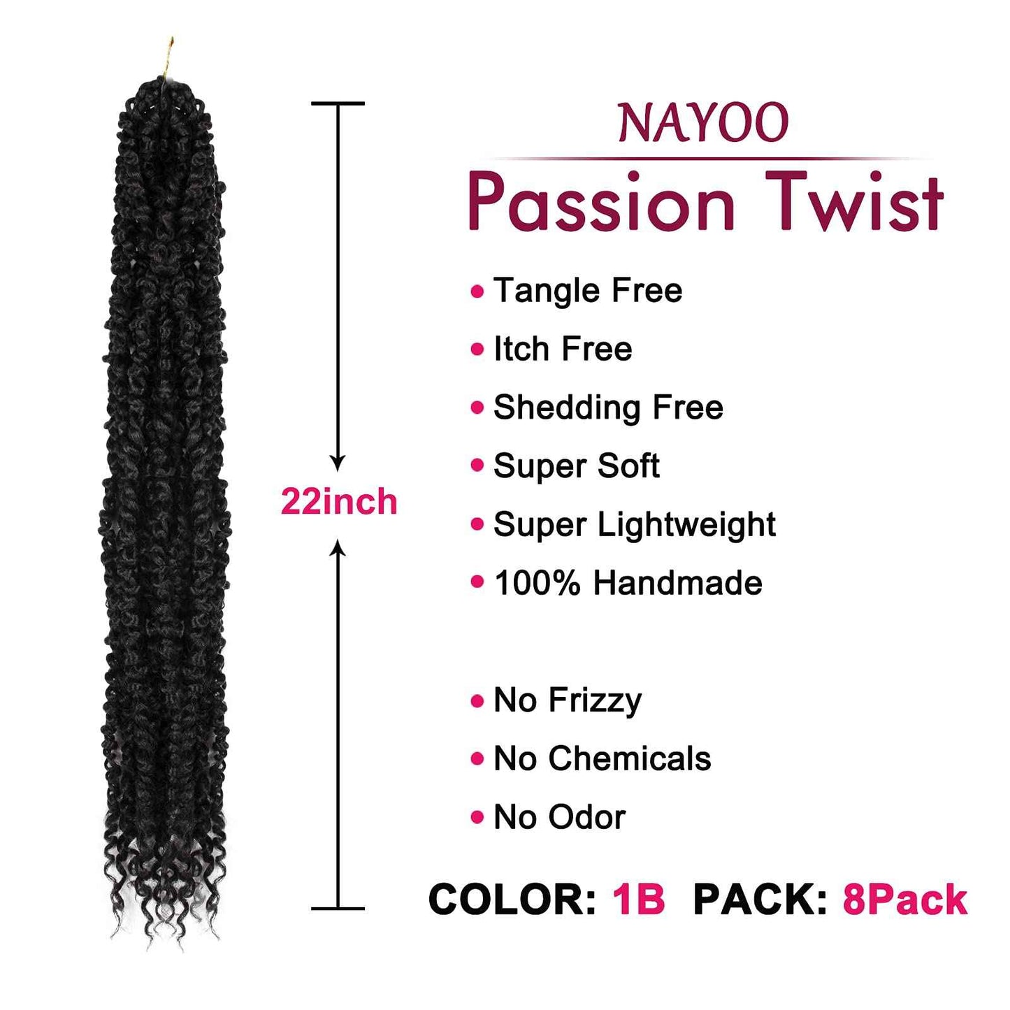 Passion Twist Hair - 8 Packs 22 Inch Passion Twist Crochet Hair For Women, Crochet Pretwisted Curly Hair Passion Twists Synthetic Braiding Hair Extensions (22 Inch 8 Packs, 1B)
