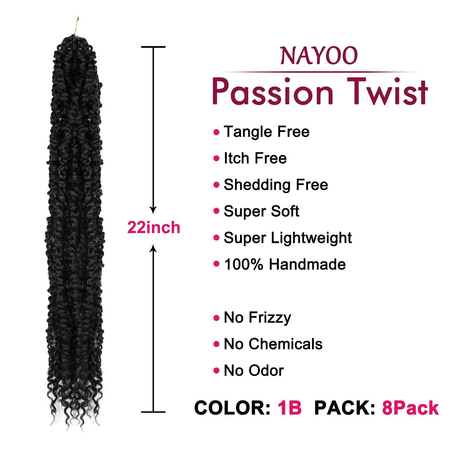 Passion Twist Hair - 8 Packs 22 Inch Passion Twist Crochet Hair For Women, Crochet Pretwisted Curly Hair Passion Twists Synthetic Braiding Hair Extensions (22 Inch 8 Packs, 1B)