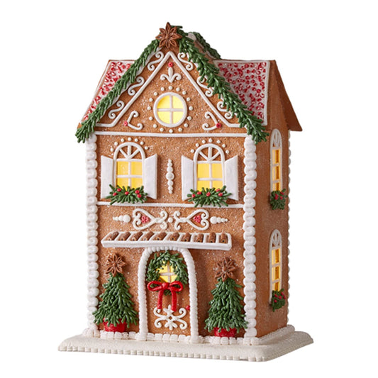 One Holiday Way 13-Inch Light Up Faux Gingerbread House w/Elegant Winter Rosemary Greenery, Trees & Timer - Vintage Kitchen Tabletop Christmas Village Home Decor - Lighted Indoor Xmas Decoration