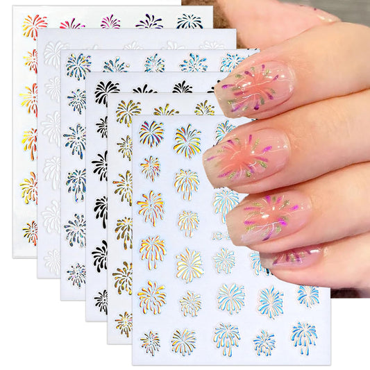 6 Sheets Christmas Nail Art Stickers 3D Self Adhesive Fireworks Nail Decals Gold Silver Seven Color Laser Nail Art Design Firework Sticker for Women Girls Xmas New Year DIY Christmas Nails Decoration