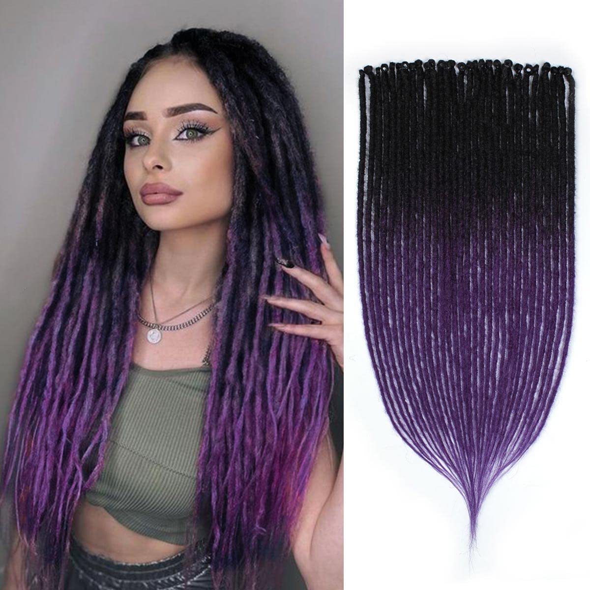 Sangtok 24 inch Dreadlock Extensions Ombre Purple Single Ended Thin 0.6cm Dreads Extensions, 15 pcs Synthetic Dreadlock Extensions Reggae Hippie Crochet Dreads for Women