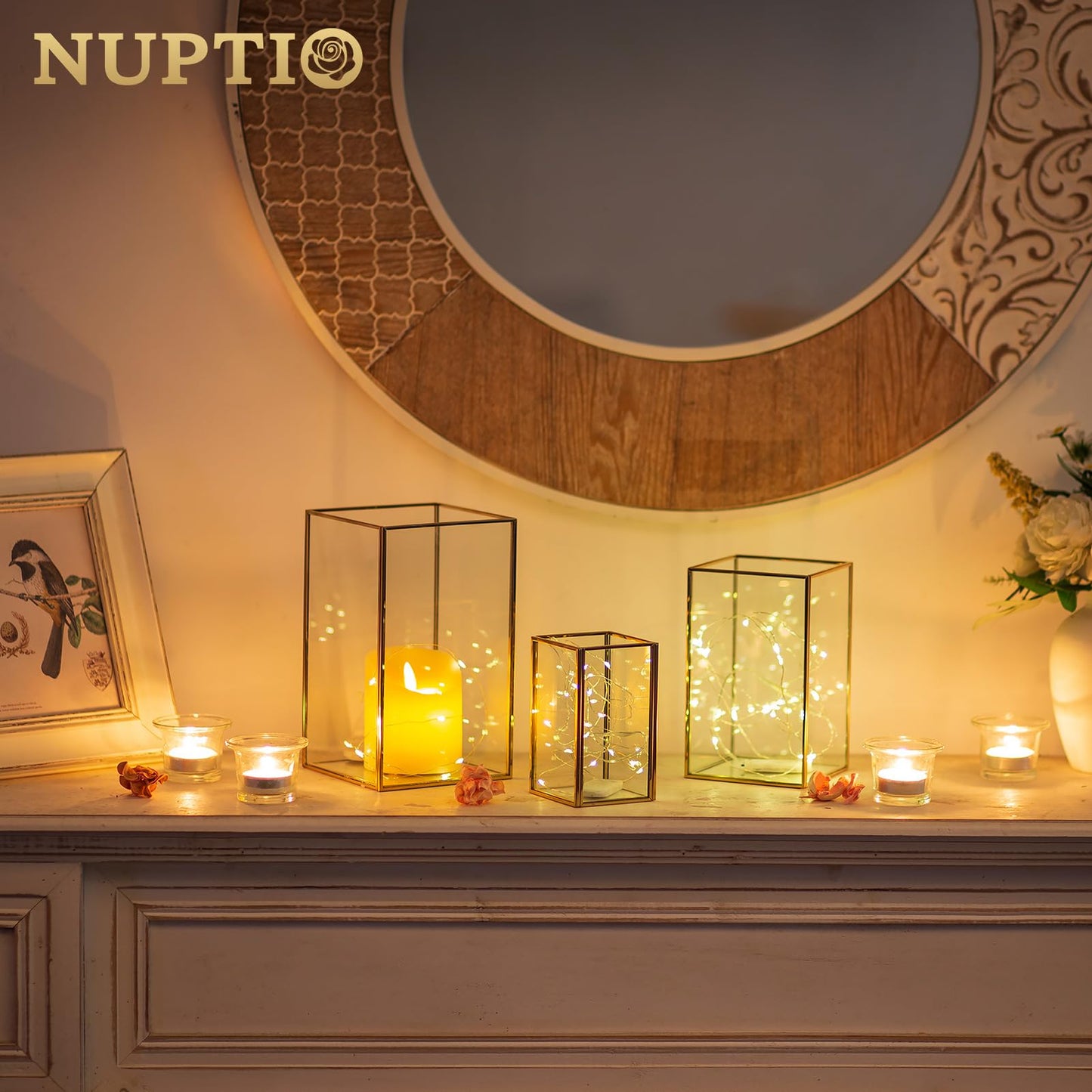 NUPTIO Hurricane Glass Candle Holders: 3Pcs Gold Lanterns Candle Holder for Pillar Candles Geometric Table Centerpiece for Outdoor & Indoor Wedding Christmas Holiday Party Decor 8.1 & 6.5 & 4.7 inch