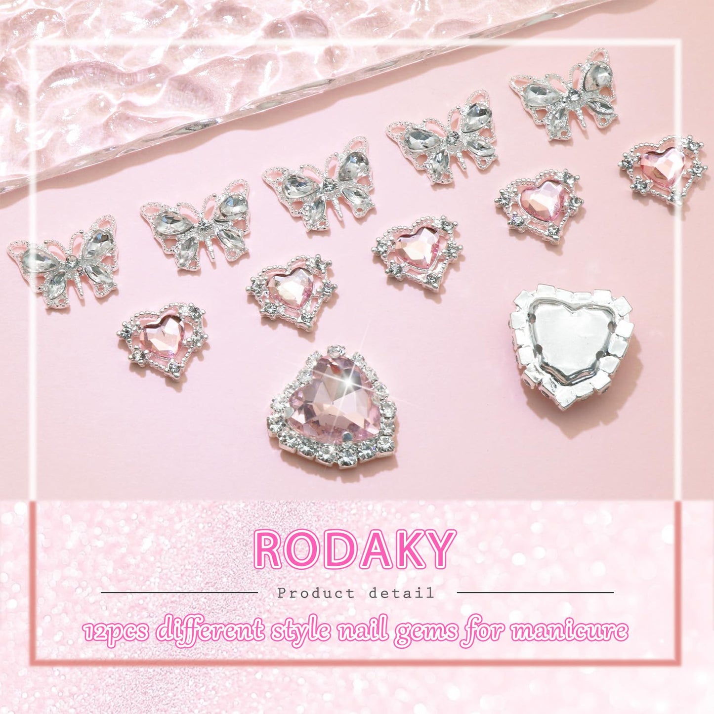 RODAKY Pink Heart Nail Gems 3D Silver Butterflies Nail Art Charms Shiny Nail Rhinestone Gems Nail Decoration for Women Manicure DIY Crafts Design