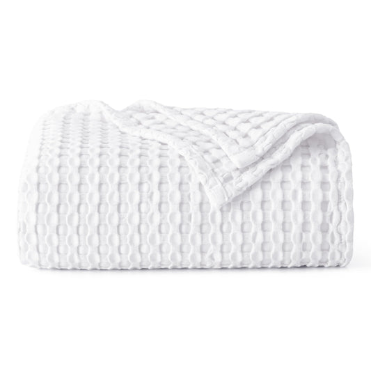 Bedsure Cooling Cotton Waffle Weave Blanket - Lightweight Breathable Blanket of Rayon Derived from Bamboo for Hot Sleepers, Luxury Throws for Bed, Couch and Sofa, White, 50x70 Inches