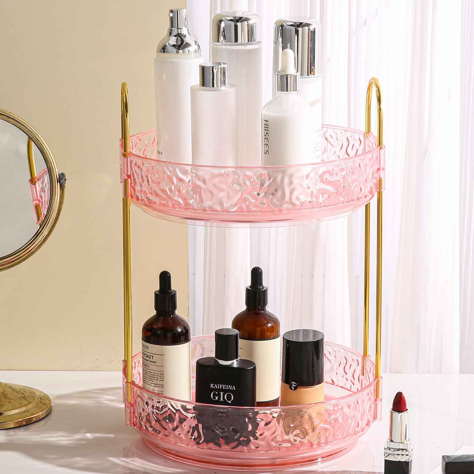 Fangoo 3 Tiers Pink Rotating Makeup Organizer for Vanity, 360 Spinning Skincare Organizers for Dresser Perfume Organizer Large Skincare Make Up Storage Cosmetic Organizer for Bathroom Countertop
