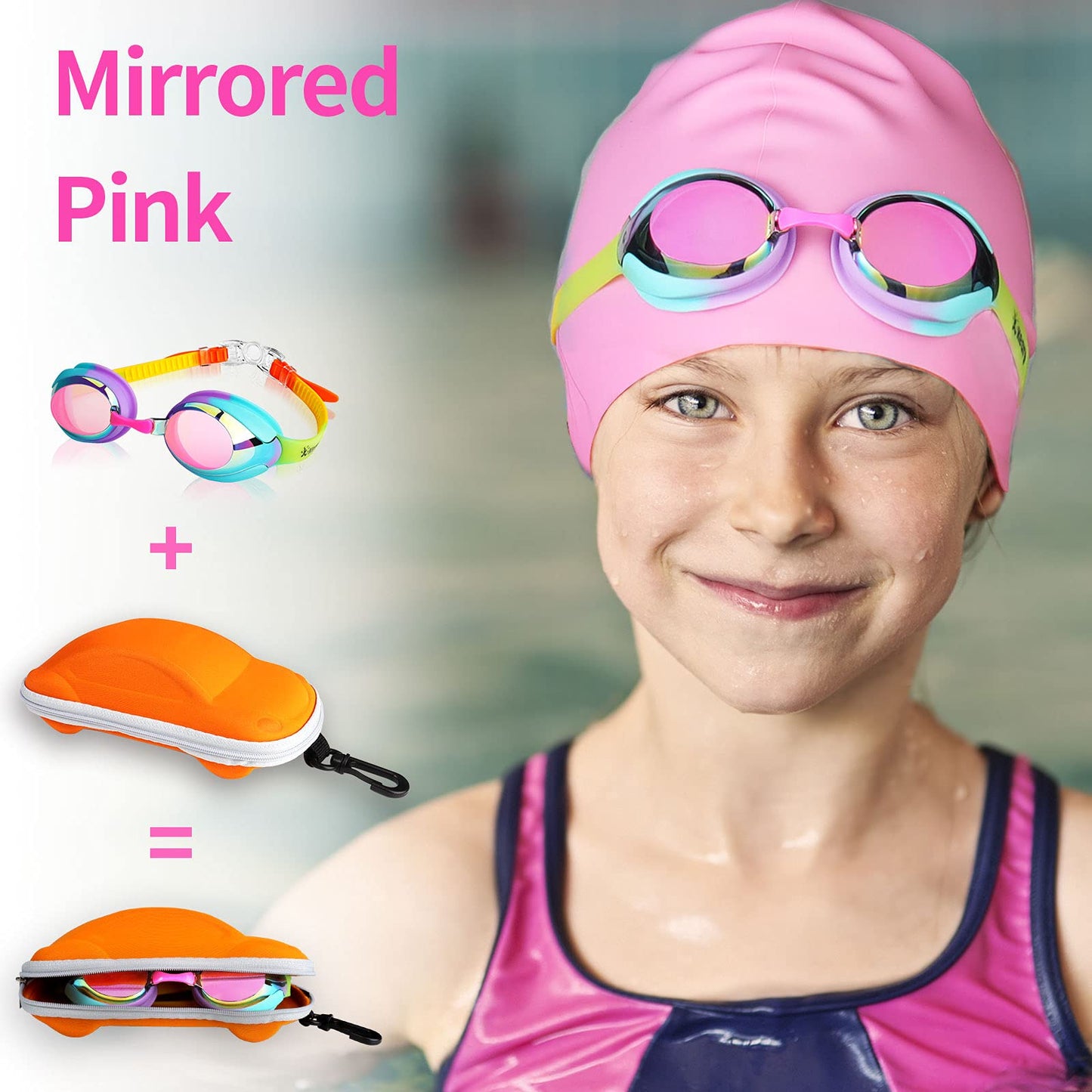 Kids Swim Goggles Swimming Goggles for Toddler Children Girls Boys Youth, Anti-Fog Waterproof UV Protection Clear Vision Mirror Flat Lens Water Pool Goggles with 3 Nose Piece, Rainbow Kids Goggles