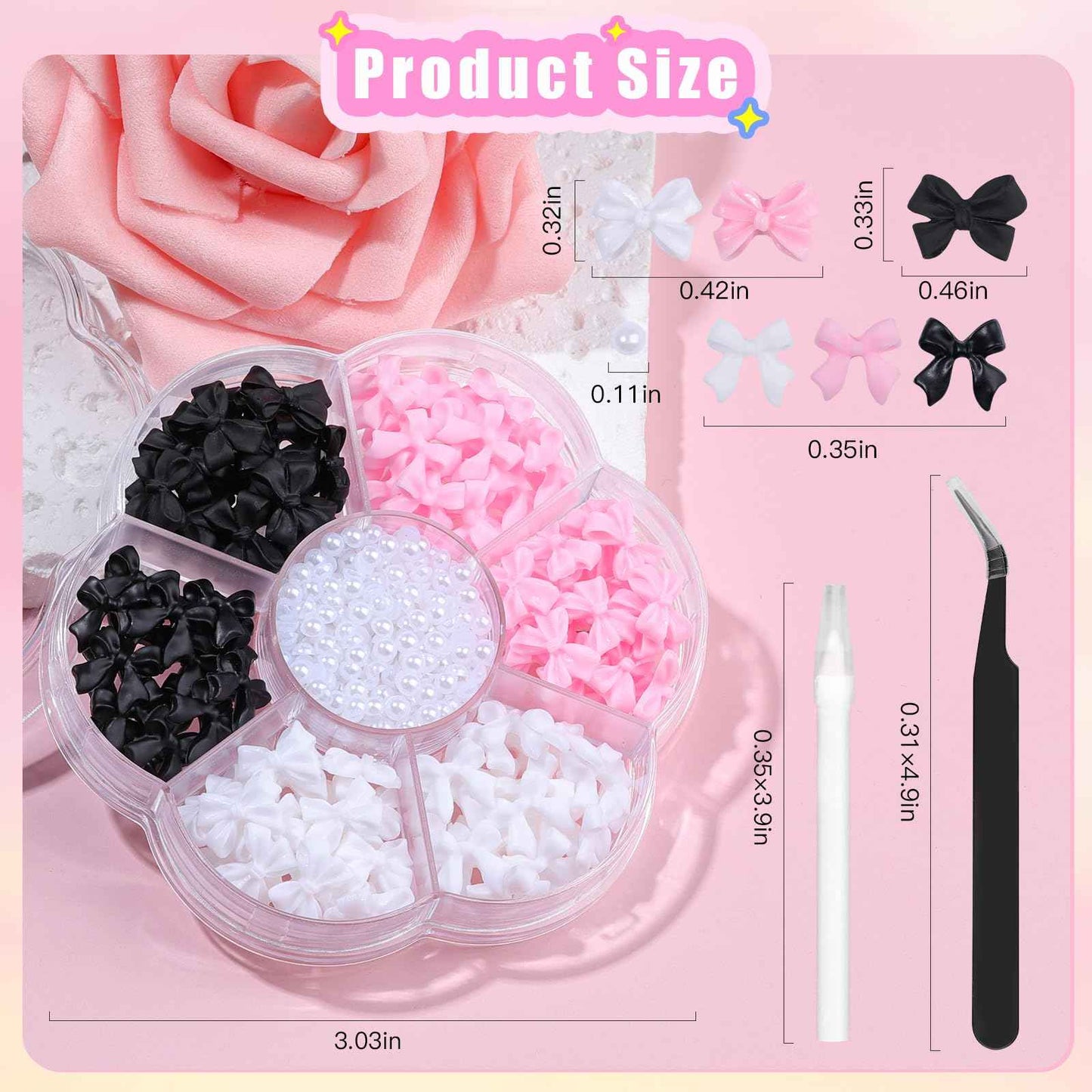 Kikonoke 420PCS Bow Nail Charms Kit with Half Pearls, 3D Acrylic Nail Gems Rhinestones, Pickup Tools for Nail Art Design, DIY Crafts, Valentine Gifts