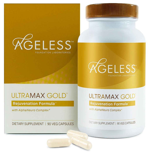 AGELESS™: UltraMAX Gold™ Capsules, HGH Anti-Aging Supplement for Women, Slows Cellular Aging, Supports Immune Health, Smoother Skin Tone and Restorative Sleep, Weight Management, 90 Capsules