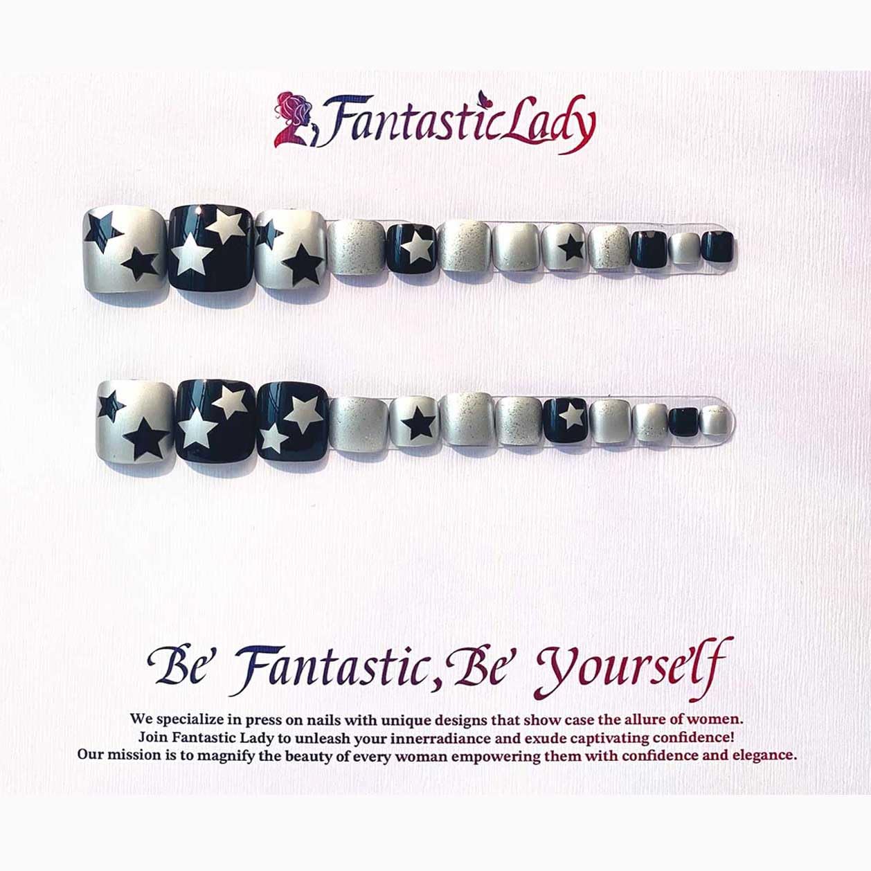 Fantasticlady Fake Toenails Mirror Square Short Toe Press on Nails,Black&Slivre Star Toe Nails, Glitter Press on Toenails,Pattern Design,Summer,Acrylic nails for Women(24 pcs)