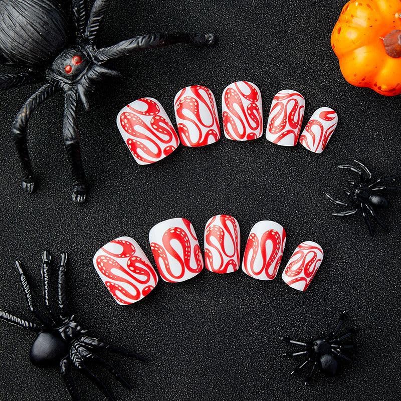 Press on Nails Short Fake Nails Square with Red Snake Swirls Designs Acrylic Glue on Nails Glossy False Nails Full Cover Stick on Nails Artificial Static Nails for Women 24Pcs