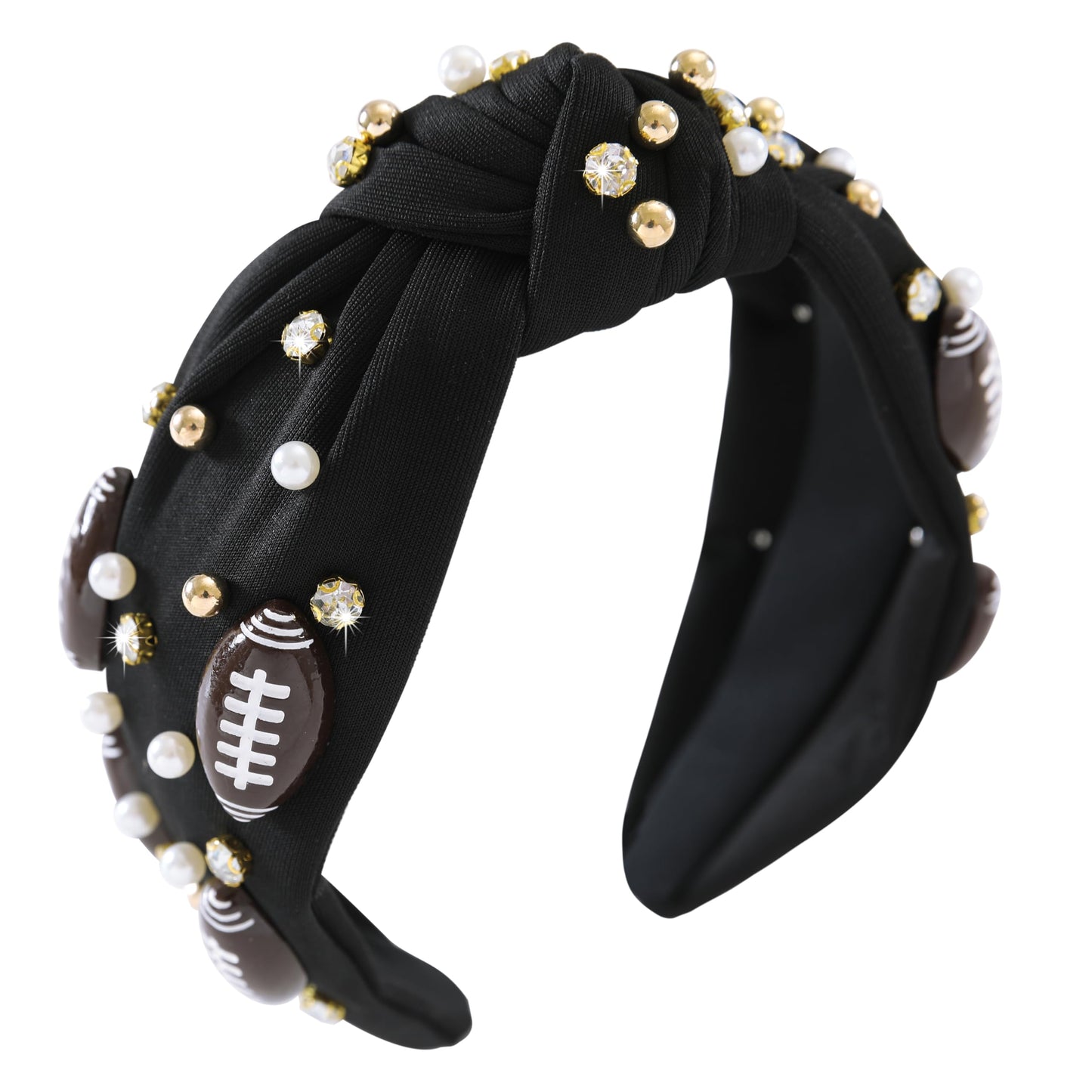 Gmmidea Football Knotted Headband Pearl Rhinestone Jeweled Headbands for Women Cute Wide Beaded Embellished Headband Game Day Decorative Hairband for Football Moms Black-1