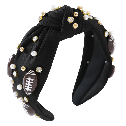 Gmmidea Football Knotted Headband Pearl Rhinestone Jeweled Headbands for Women Cute Wide Beaded Embellished Headband Game Day Decorative Hairband for Football Moms Black-1