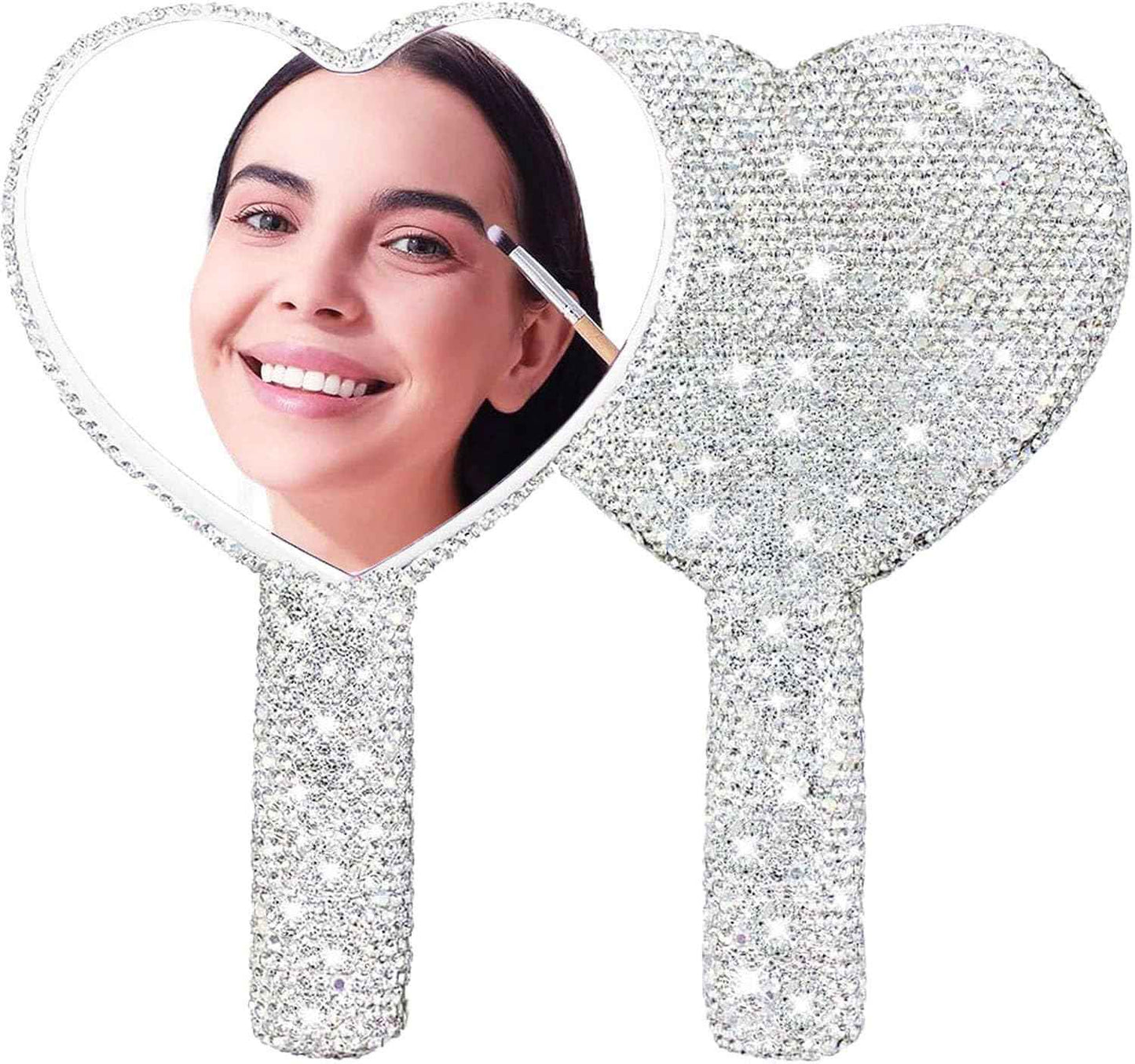 Frinnovan Large Rhinestone Handheld Mirror Heart Bling Glitter Cosmetic Dazzling Portable Hand Mirrors with Handle for Women Wedding Silver White