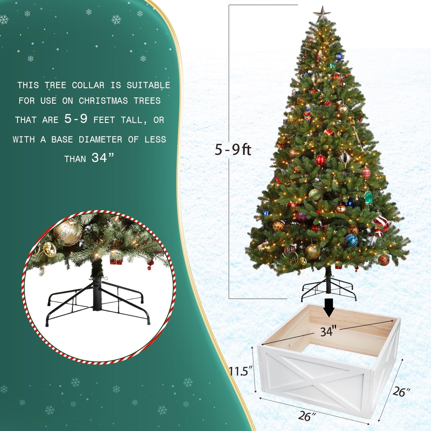 Christmas Tree Collar Box, 26" L White Wooden Tree Collar, Christmas Tree Stand Cover, Tree Skirt Box for Below 9ft Christmas Tree Decoration