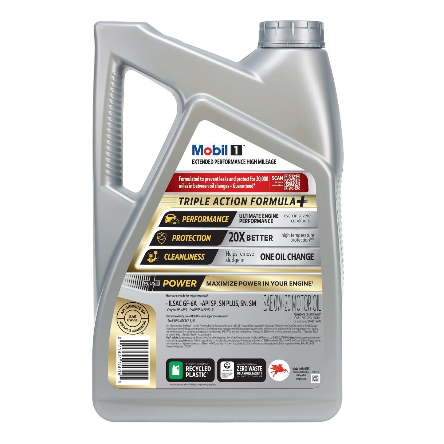 Mobil 1-123837 Extended Performance High Mileage 0W-20; 5QT, Gray