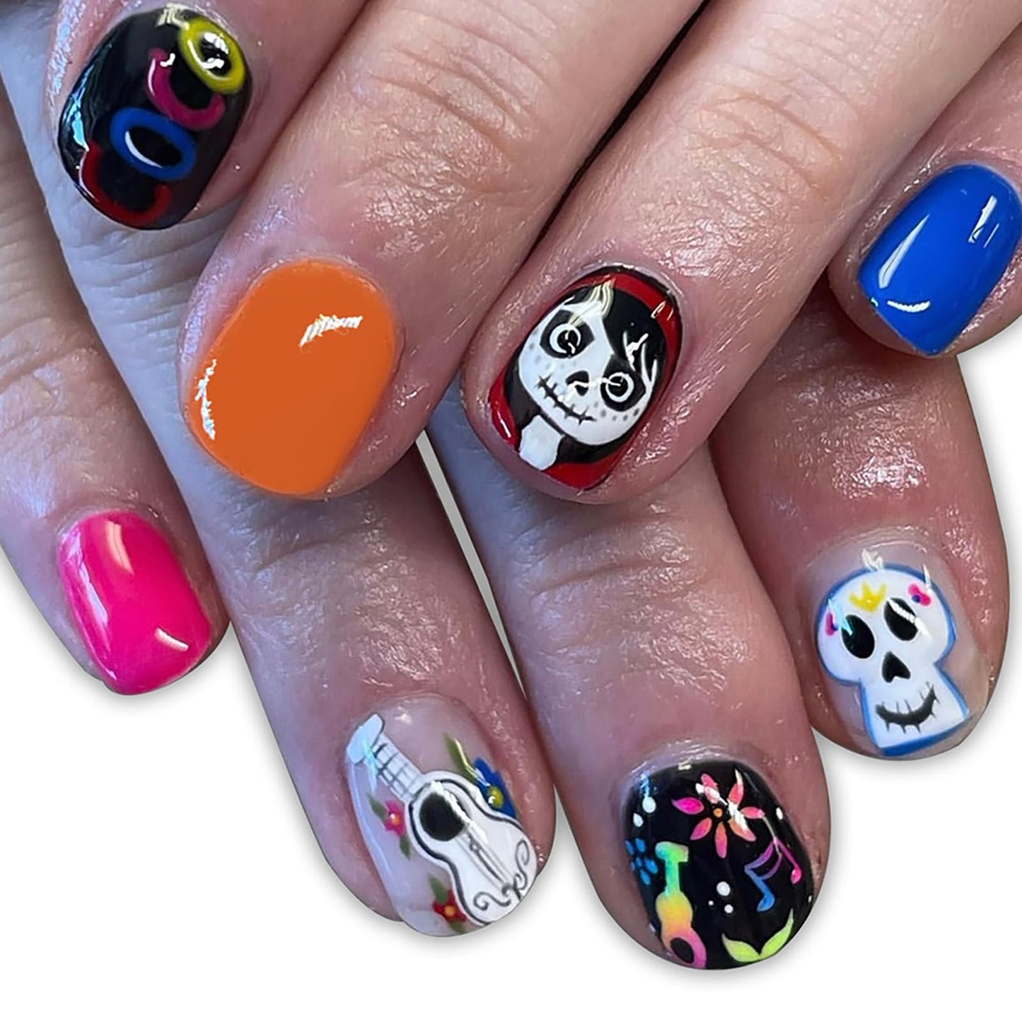 Halloween Press on Nails Short Square Fake Nails Devil Girls Sugar Skull False Nails with Designs Full Cover Fall Acrylic Nails Halloween Glossy Glue on Nails Manicure Artificial Nails for Women Girls