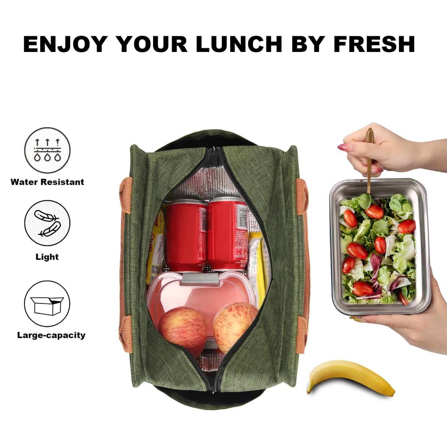 Joymee Lunch Bag Women Insulated Lunch Box Reusable Leakproof Large Spacious Cooler Tote for Womens Mens Adults with Bottle Holder and Side Pockets for Work Office Travel Picnic - Green