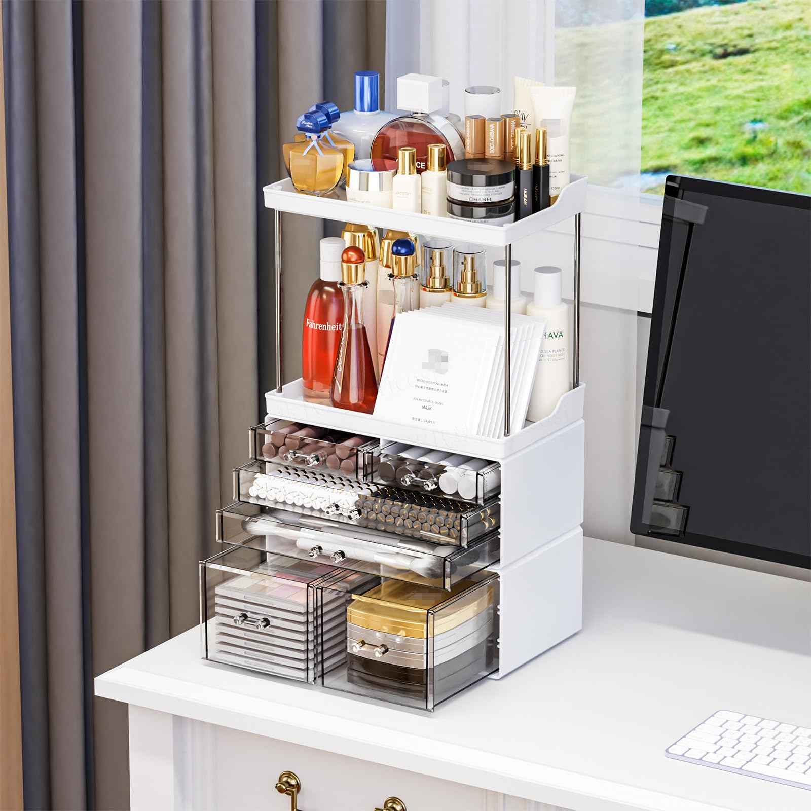 Yieach Bathroom Counter Organizers and Storage,White Acrylic Makeup Organizers with Drawers for Vanity,Bedroom,Plastic Skincare Organizer for Dresser Top Beauty,Cosmetic,Lotion and Perfume Organizer