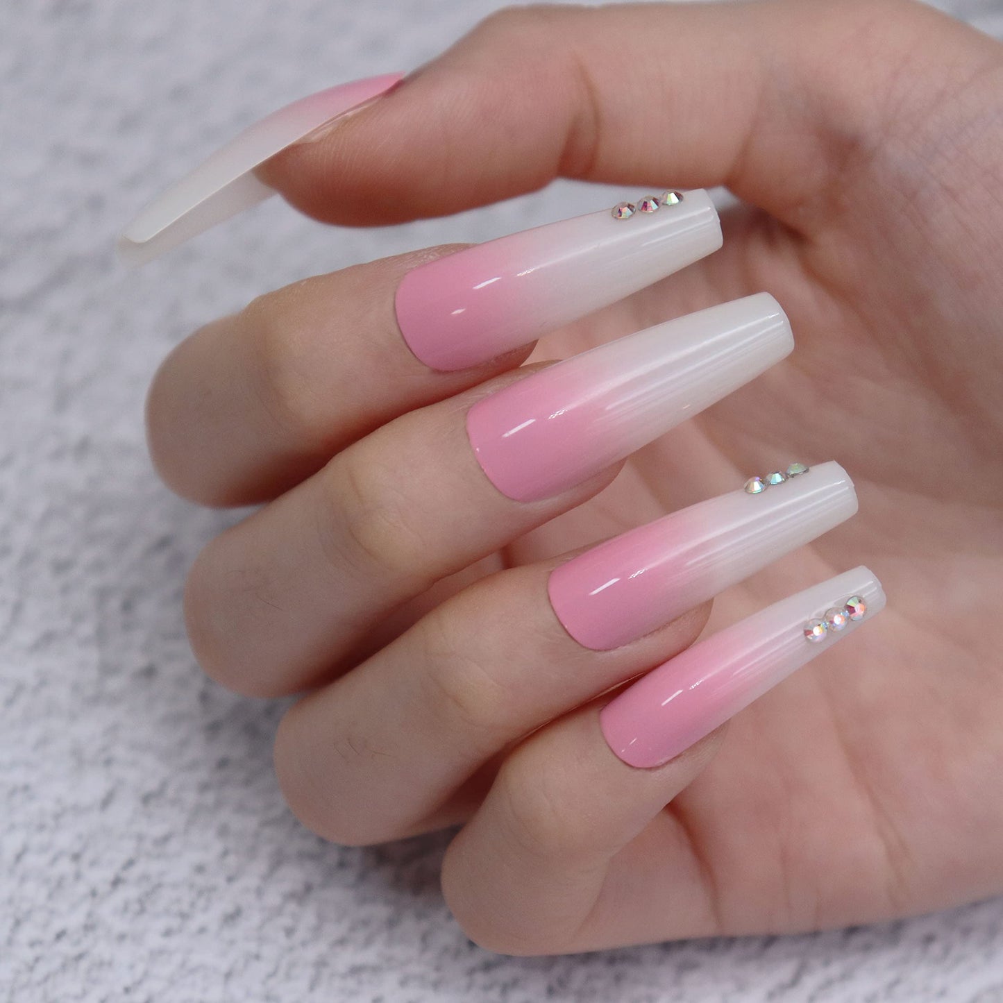 MISUD Extra Long Coffin Press On Nails Ballerina Fake Nails Glossy Glue on Nails Pink White Ombre Acrylic Nails Gradient Artificial Nails Rhinestone Stick on False Nails with Design 24 pcs