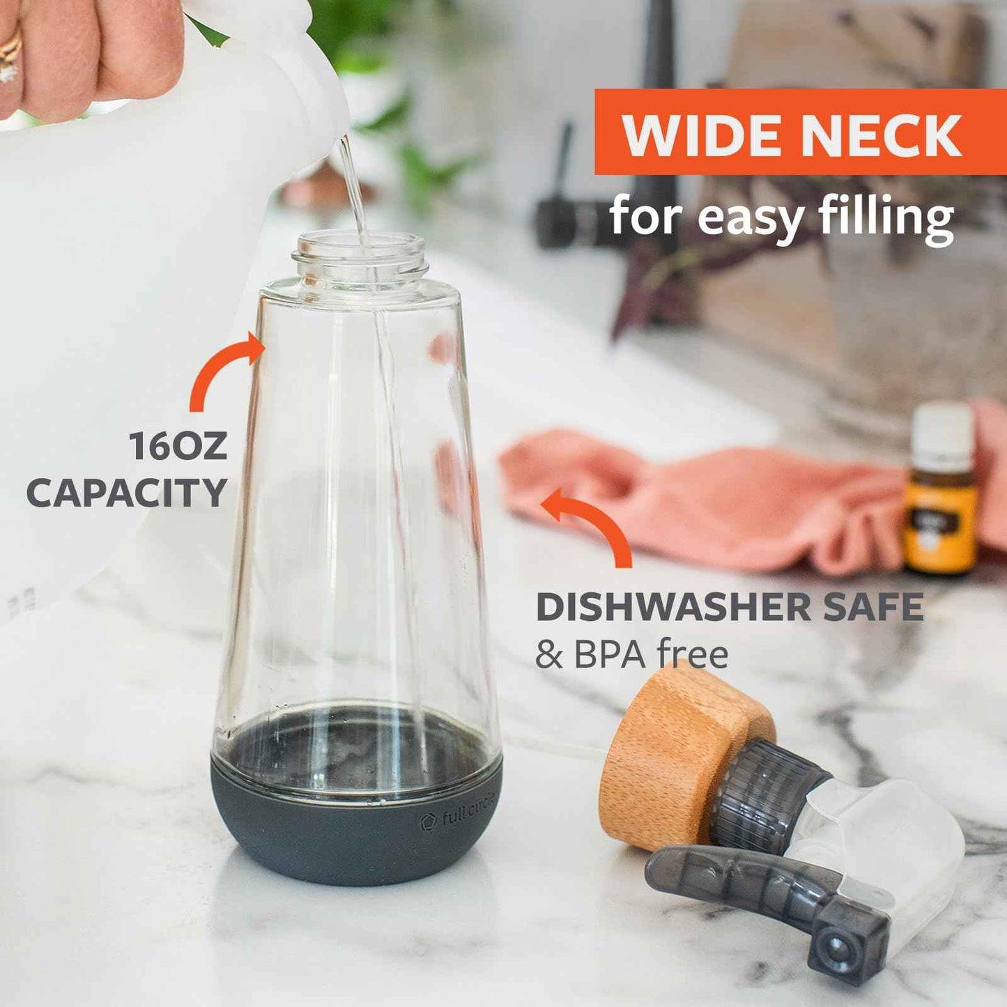 Full Circle Bottle Service-Refillable Glass Spray Bottle-Versatile Stream & Mist Options,Bamboo with Protective Silicone Boot-Ideal for Non-Toxic Cleaning Solutions & Plant Care,16oz,Gray,2 Pack