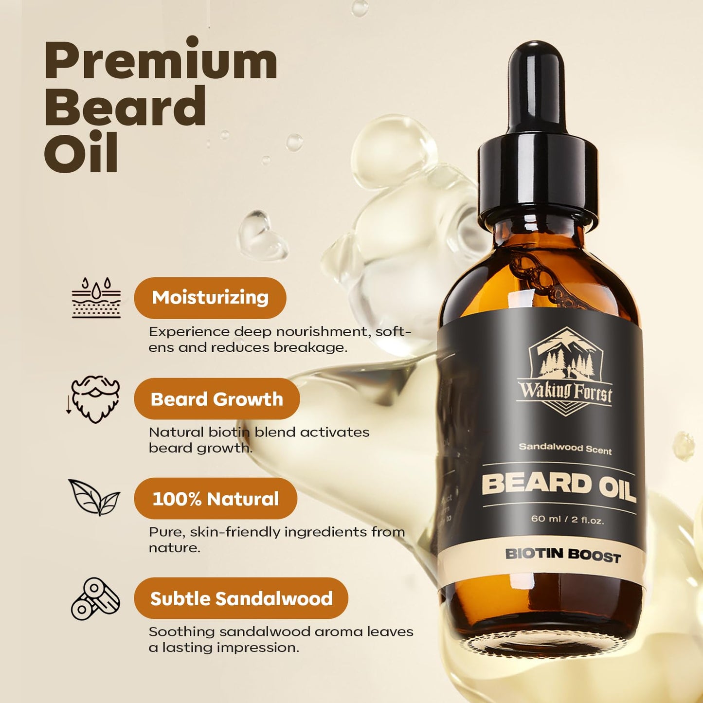 Waking Forest Beard Growth Oil - Biotin Sandalwood Oil with Vitamin E, Rosemary & Castor for Thicker, Softer, Stronger Beards (2oz)