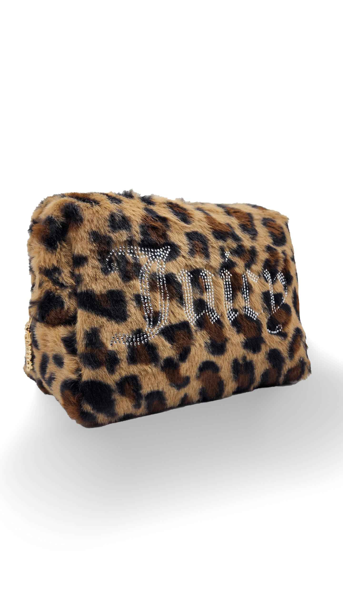 Juicy Couture Brown Makeup Bag Cosmetics Organizer Travel Essentials Zip Top Wedge Leopard Print Faux Fur Rhinestone