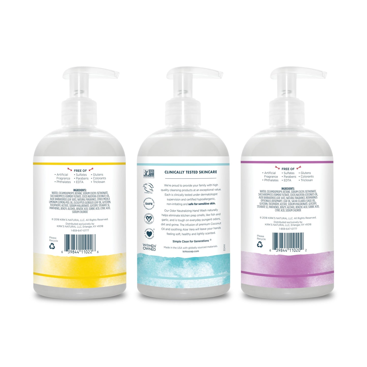 Kirk's Hydrating Hand Wash - Made with Premium Coconut Oil and Aloe Vera, With Plant Based Technology To Help Eliminate Odors, Non GMO, Vegan, 12 Fl Oz. Variety 4 pack