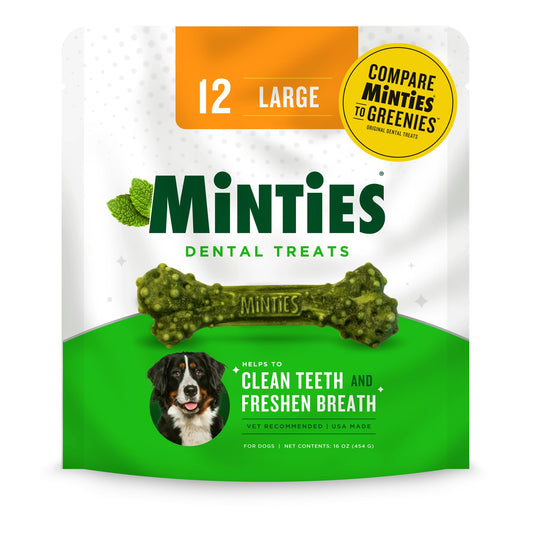 Minties Dental Chews for Dogs, 12 Count, Vet-Recommended Mint-Flavored Dental Treats for Large Dogs Over 50 lbs, Dental Bones Clean Teeth, Fight Bad Breath, and Removes Plaque and Tartar