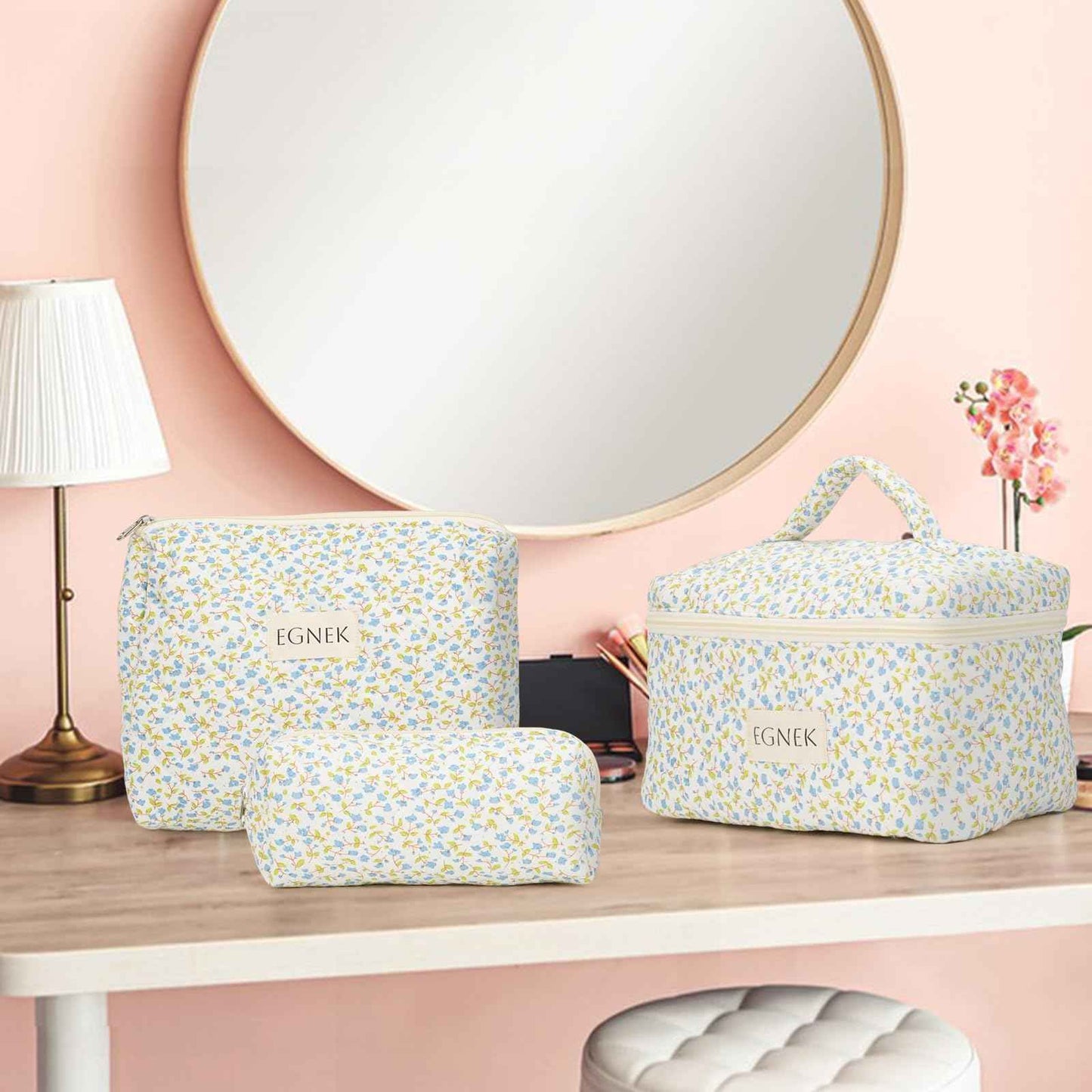 egnek 3 Piece Quilted Makeup Bag with Cute Ditsy Floral for Travel, Toiletry Pouch, and Cute Cosmetic Bags, Compact Design and Stylish
