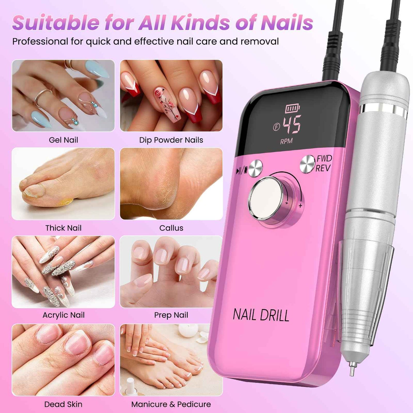 Portable Nail Drill Electric File: Cordless Nail Drills for Acrylic Nails Professional Rechargeable Nail Machine Kit Manicure Pedicure Tools Polishing Set for Shaping, Removing & Polishing Gel Nails