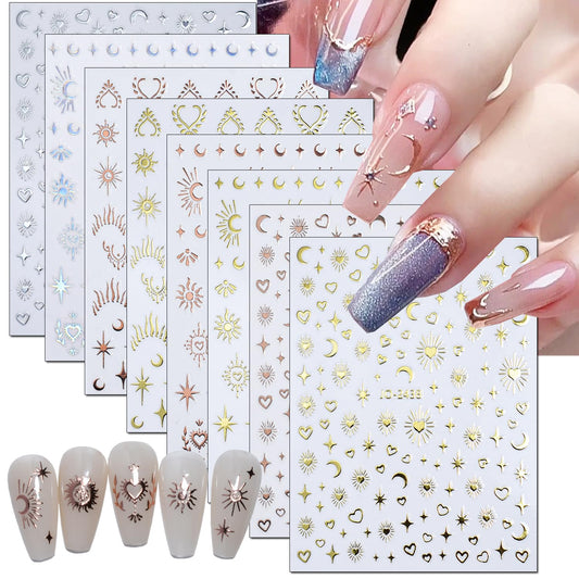 8 Sheets Gold Silver Sun Star Nail Art Stickers Liquid Hollowing Moon Nail Decals 3D Self-Adhesive Exquisite Glitter Rose Gold Nail Stickers Star Moon Design Women Girls for DIY Nail Decorations