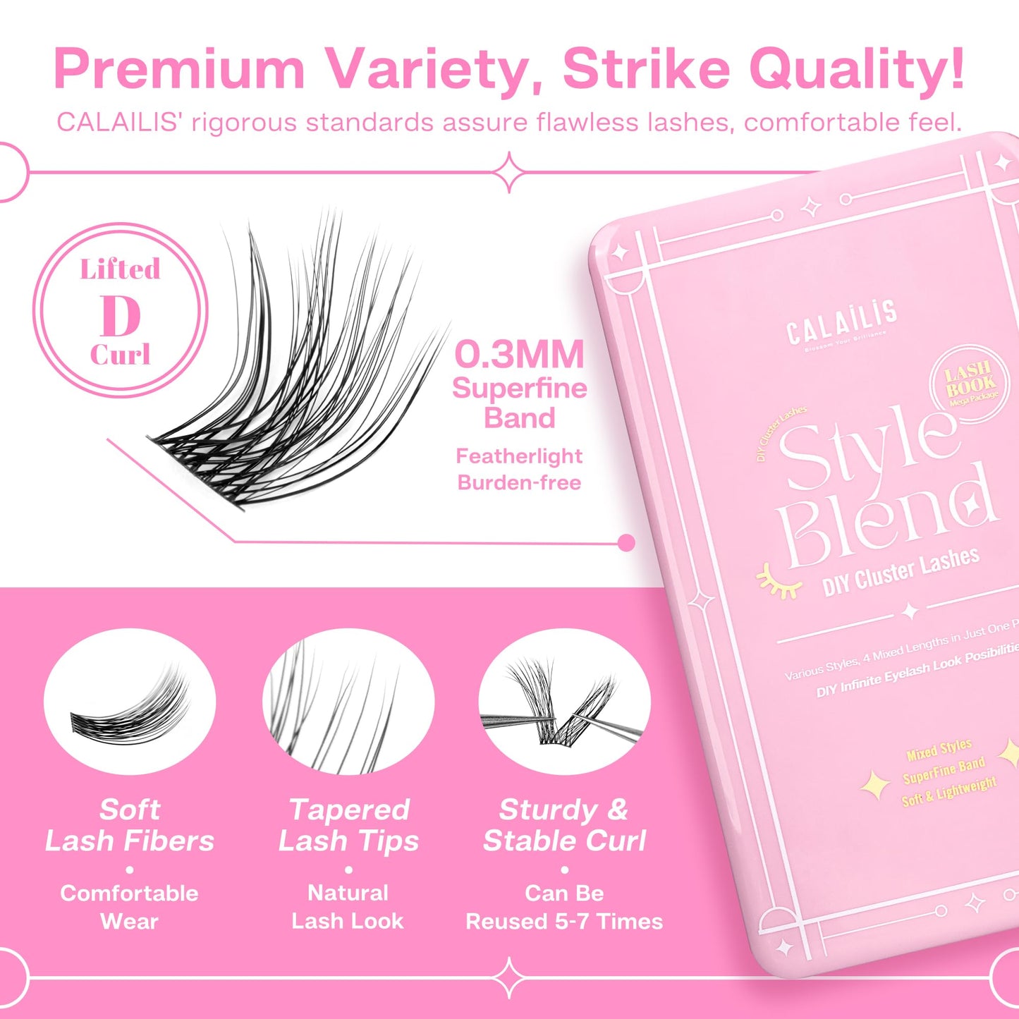 CALAILIS Lash Clusters Wispy 576Pcs D Curl Cluster Eyelash Extensions Multi-Type Mixed DIY Eyelash Clusters Soft and Reusable Ultra-Large Capacity Individual Cluster Lashes (30D&40D&50D&56D)