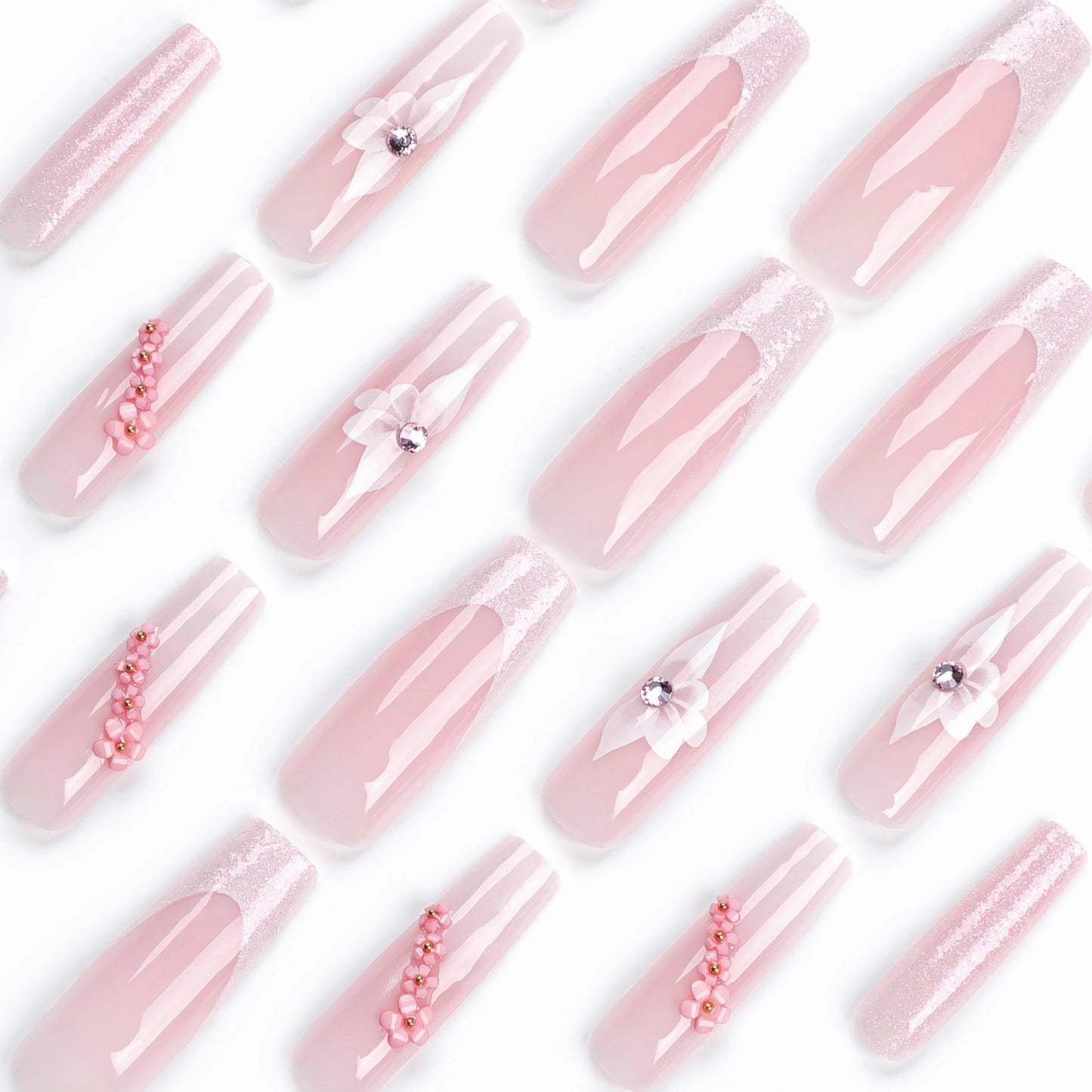 BABALAL French Tip Press on Nails Long Square Fake Nails Pink Glue on Nails Aurora Acrylic Nails 24Pcs 3d Flower Charm Design Squoval Artificial Bling False Nails for Women and Girls