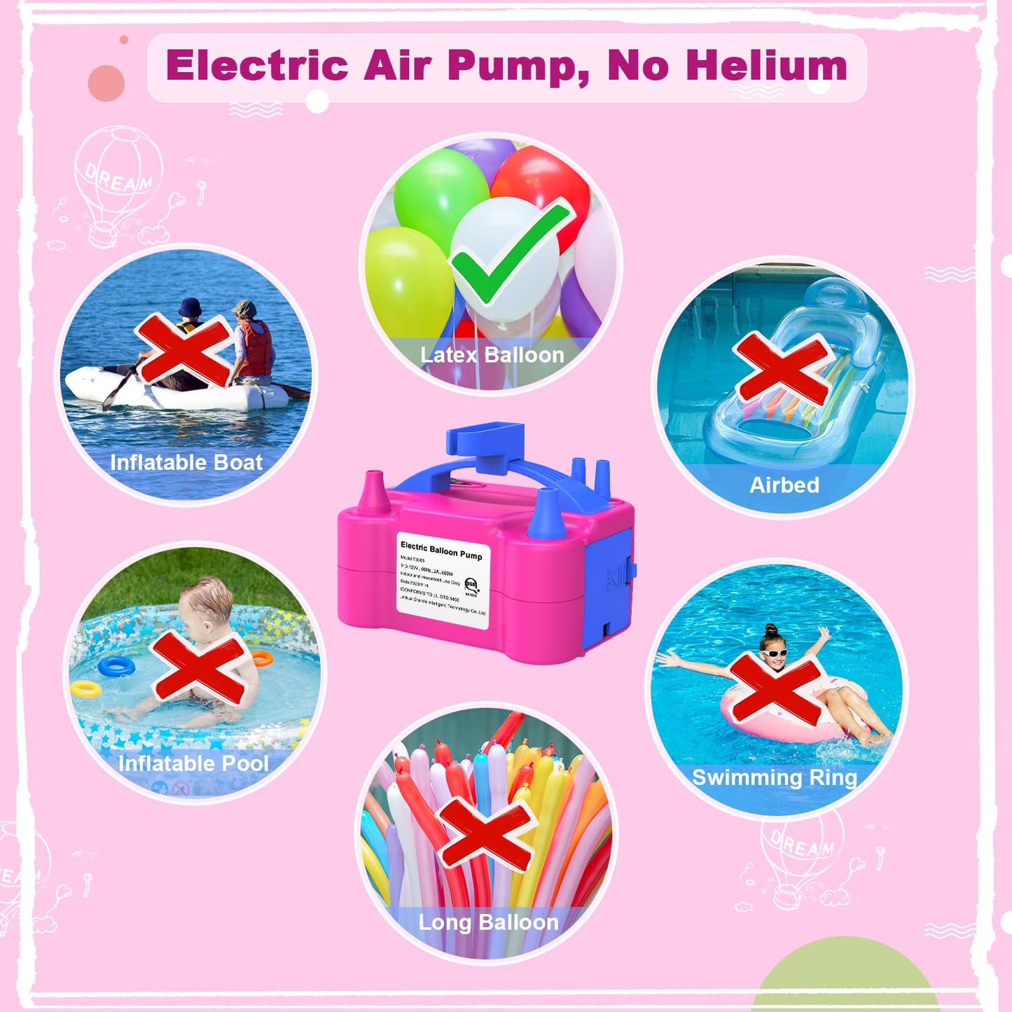 IDAODAN Electric Balloon Pump, Portable Electric Balloon Blower Machine Balloon Air Pump Dual Nozzle Rose Red 110V 600W Balloon Inflator for Party Decorations