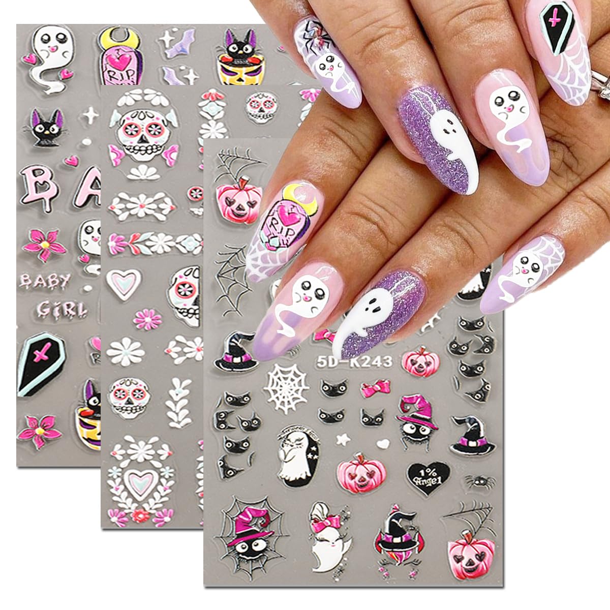 3Sheets Halloween Nail Stickers Decals for Nail 5D Scary Skull Spider Web Pink Ghost Pumpkin Designer Nail Stickers DIY Gothic Acrylic Nails Arts for Halloween Women Girls Nail Art Supplies.