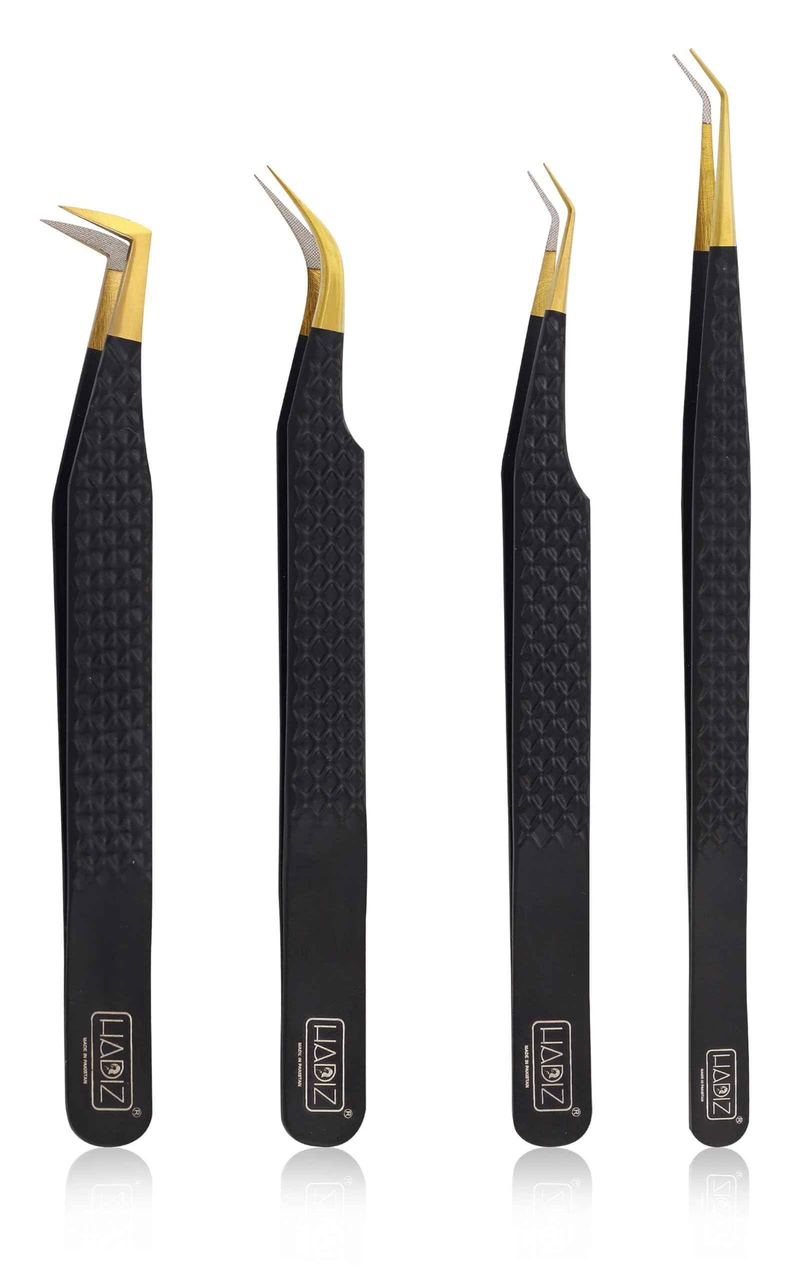 HADIZ Set of 4 Fiber Tip Diamond Grip Eyelash Extensions Tweezers Japanese Stainless Steel Lash Tweezer(Black)